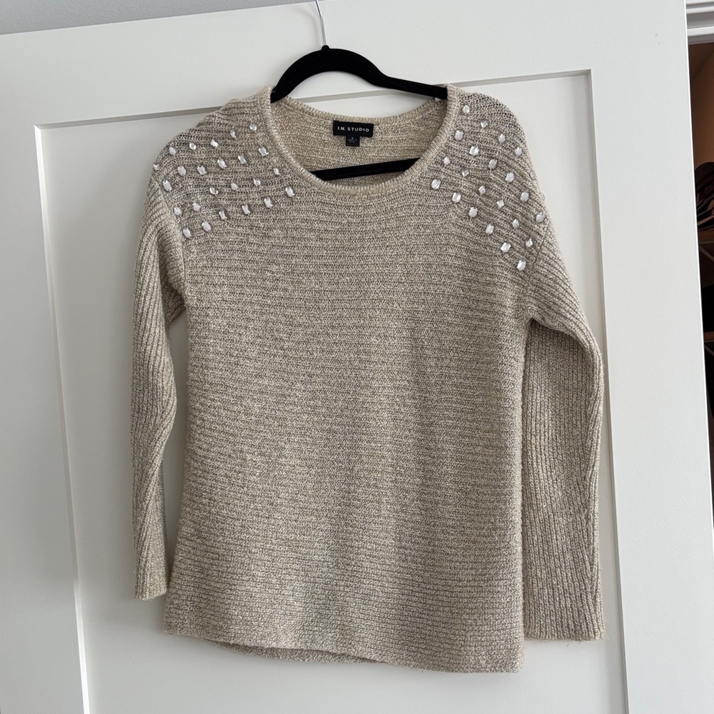 I.N. Studio Women's Cream Sweater with Embellished Shoulders